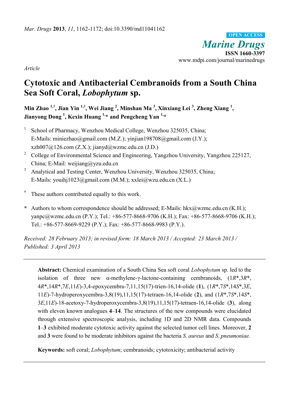 Cytotoxic And Antibacterial Cembranoids From A South China Sea Soft Coral Lobophytum Sp Topic Of Research Paper In Chemical Sciences Download Scholarly Article Pdf And Read For Free On Cyberleninka Open