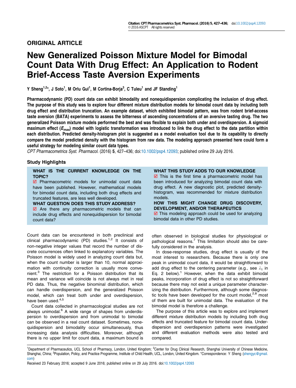 New Generalized Poisson Mixture Model For Bimodal Count Data With Drug Effect An Application To Rodent Brief Access Taste Aversion Experiments Topic Of Research Paper In Medical Engineering Download Scholarly Article Pdf