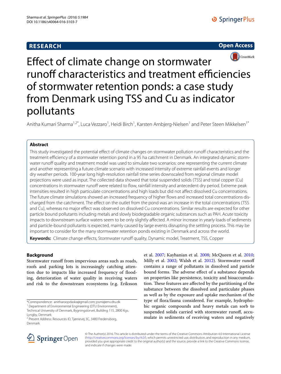 Effect of climate change on stormwater runoff characteristics and treatment efficiencies of stormwater retention ponds: a study from Denmark using TSS and Cu as indicator pollutants – topic of research paper