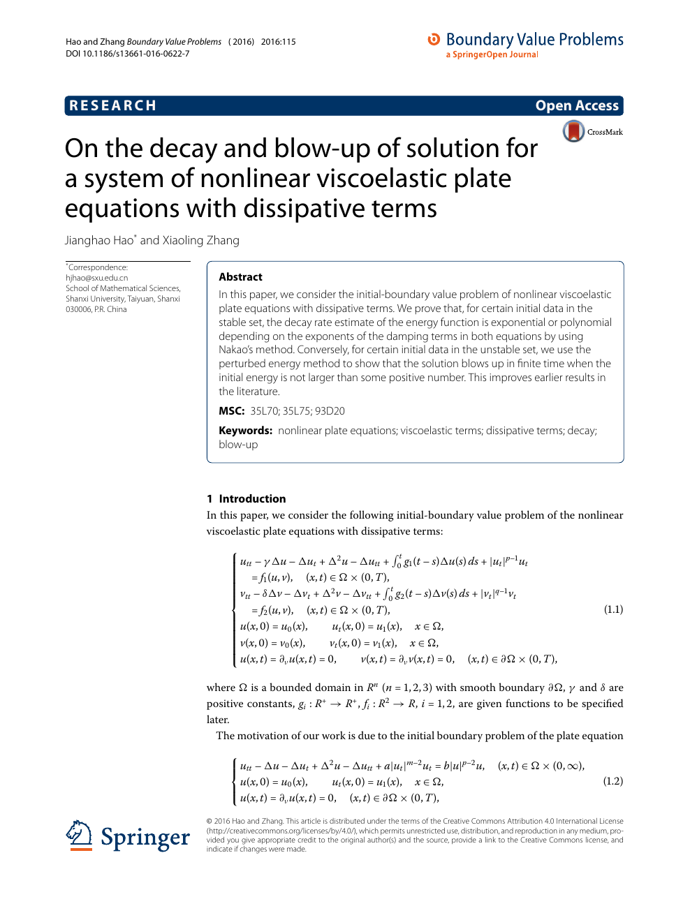 On The Decay And Blow Up Of Solution For A System Of Nonlinear Viscoelastic Plate Equations With Dissipative Terms Topic Of Research Paper In Mathematics Download Scholarly Article Pdf And Read For
