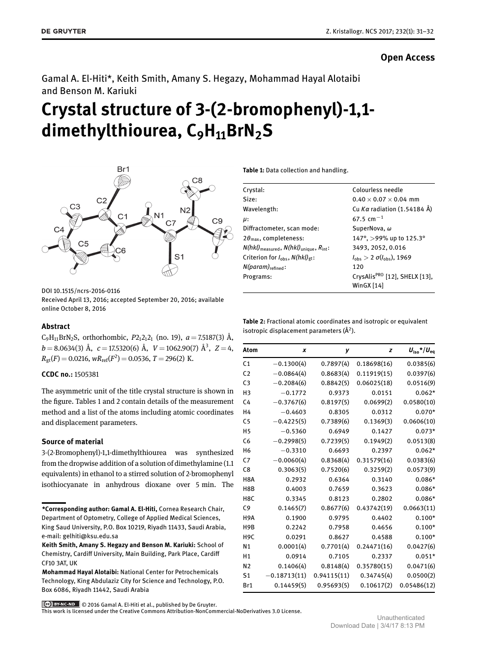Crystal Structure Of 3 2 Bromophenyl 1 1 Dimethylthiourea C9h11brn2s Topic Of Research Paper In Chemical Sciences Download Scholarly Article Pdf And Read For Free On Cyberleninka Open Science Hub