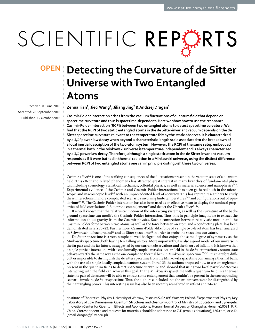 Detecting The Curvature Of De Sitter Universe With Two Entangled Atoms Topic Of Research Paper In Physical Sciences Download Scholarly Article Pdf And Read For Free On Cyberleninka Open Science Hub