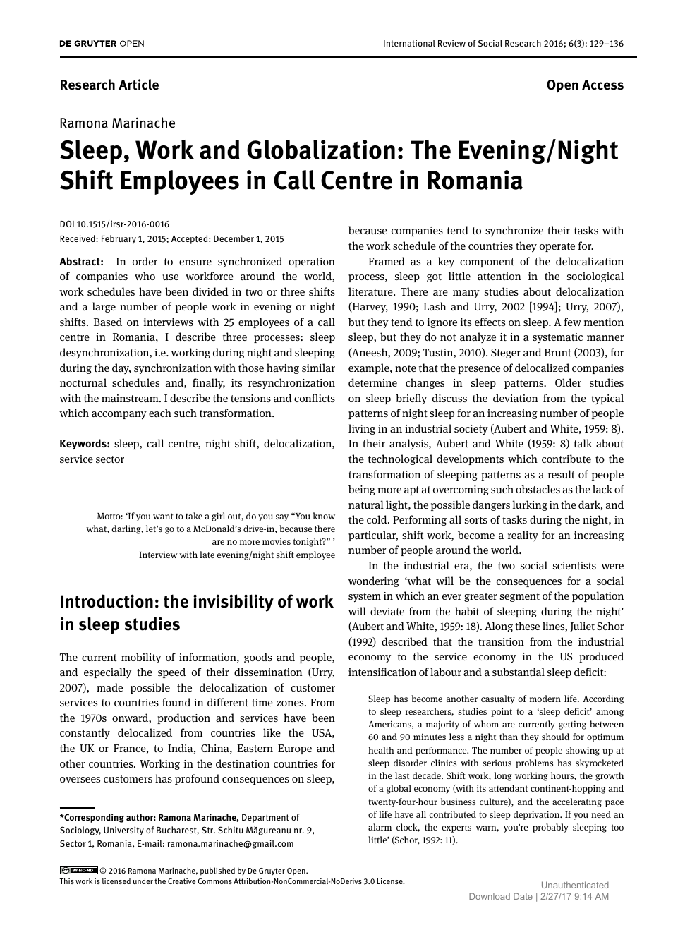 Research Paper On Night Shift Work