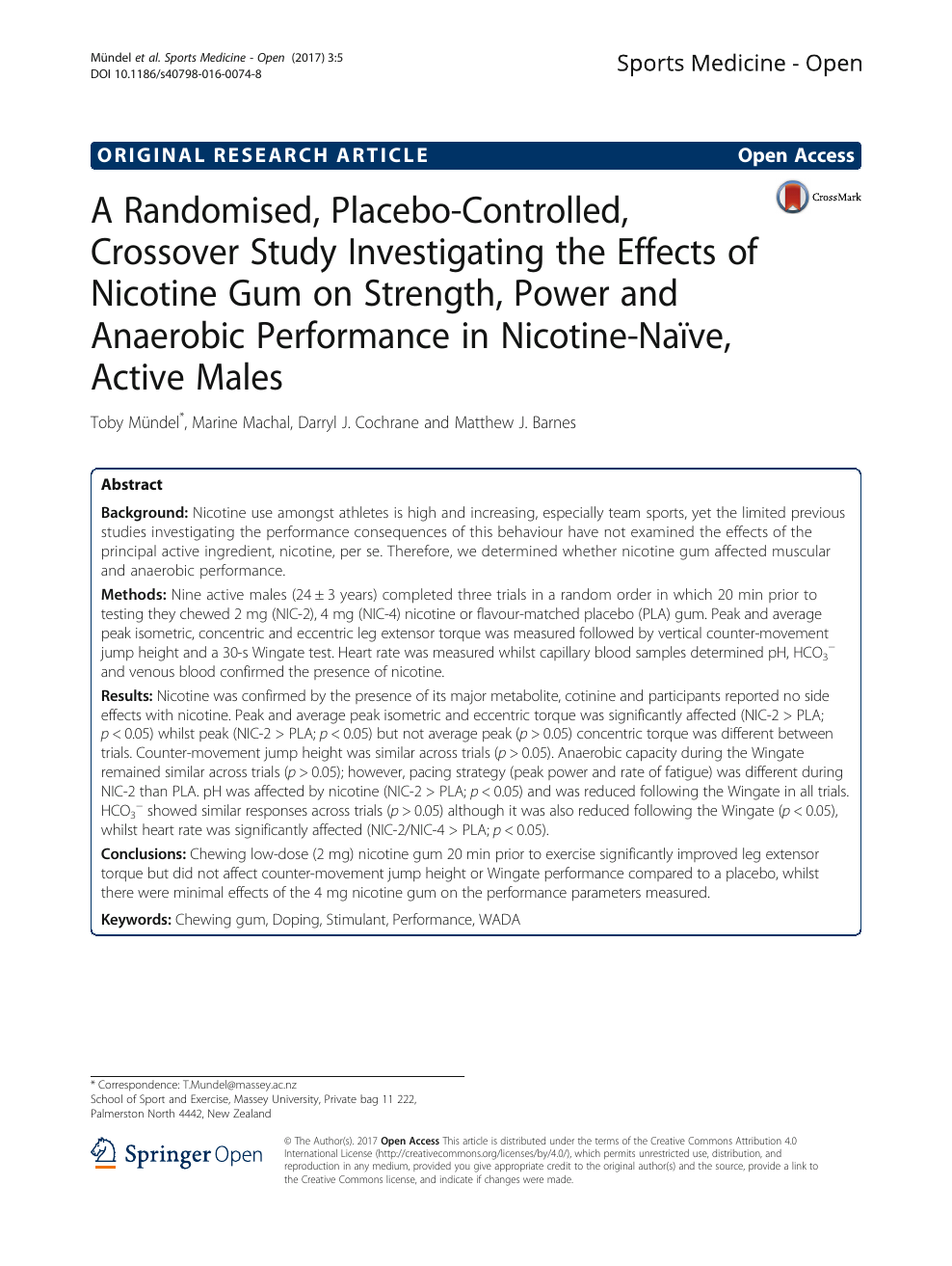 A Randomised, Placebo-Controlled, Crossover Study Investigating the Effects of Nicotine Gum on Strength, Power and Anaerobic Performance in Nicotine-Naïve, Active Males