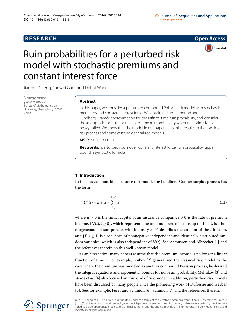 Ruin Probabilities For A Perturbed Risk Model With Stochastic Premiums And Constant Interest Force Topic Of Research Paper In Mathematics Download Scholarly Article Pdf And Read For Free On Cyberleninka Open