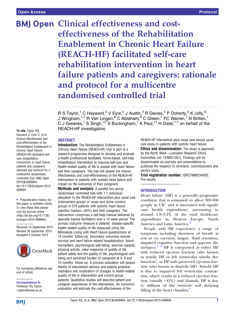 Clinical Effectiveness And Cost Effectiveness Of The Rehabilitation Enablement In Chronic Heart Failure Reach Hf Facilitated Self Care Rehabilitation Intervention In Heart Failure Patients And Caregivers Rationale And Protocol For A Multicentre