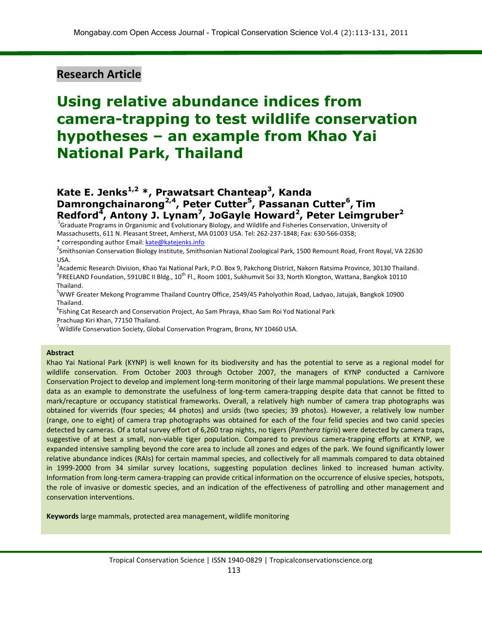 Using Relative Abundance Indices From Camera Trapping To Test Wildlife Conservation Hypotheses An Example From Khao Yai National Park Thailand Topic Of Research Paper In History And Archaeology Download Scholarly Article