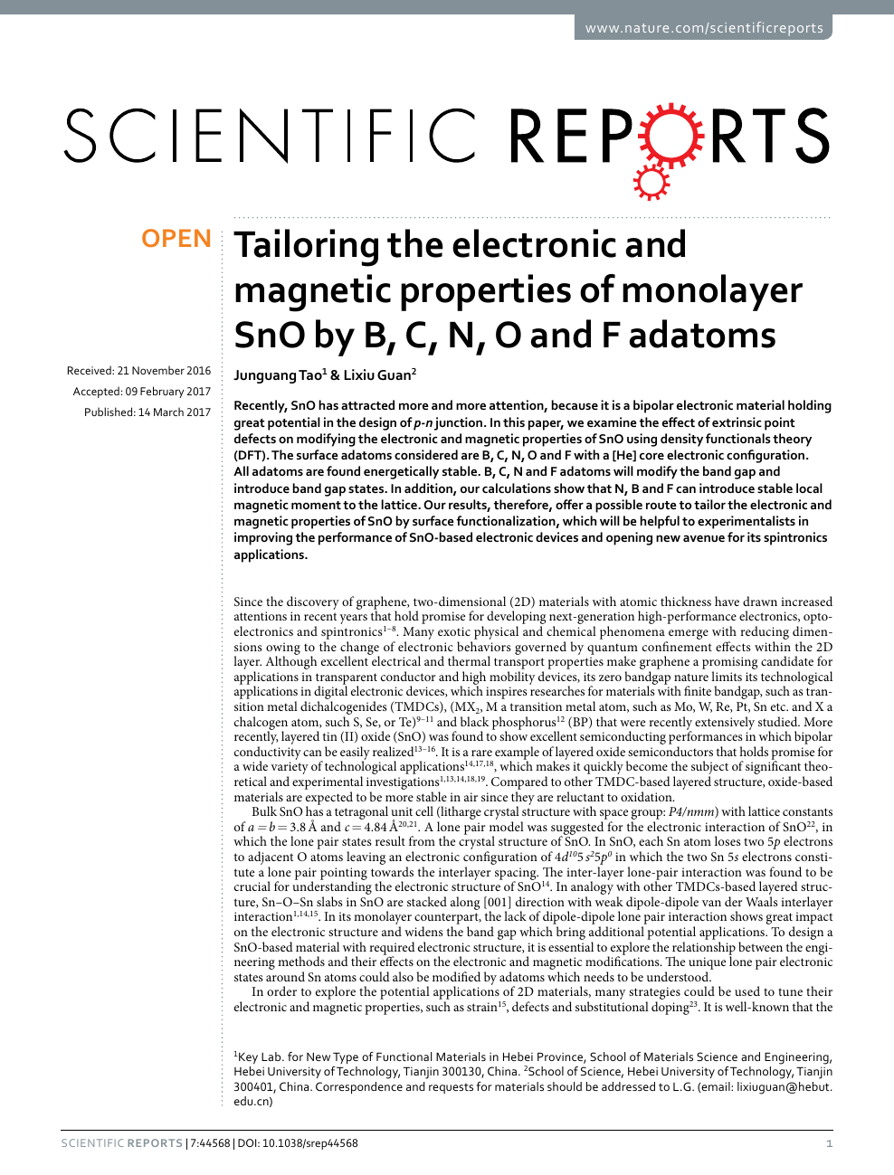 Tailoring The Electronic And Magnetic Properties Of Monolayer Sno By B C N O And F Adatoms Topic Of Research Paper In Nano Technology Download Scholarly Article Pdf And Read For Free
