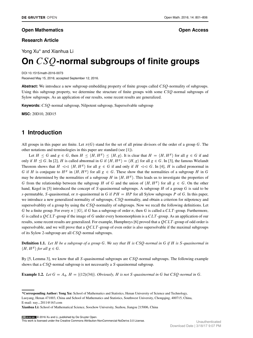 On Csq Normal Subgroups Of Finite Groups Topic Of Research Paper In Mathematics Download Scholarly Article Pdf And Read For Free On Cyberleninka Open Science Hub