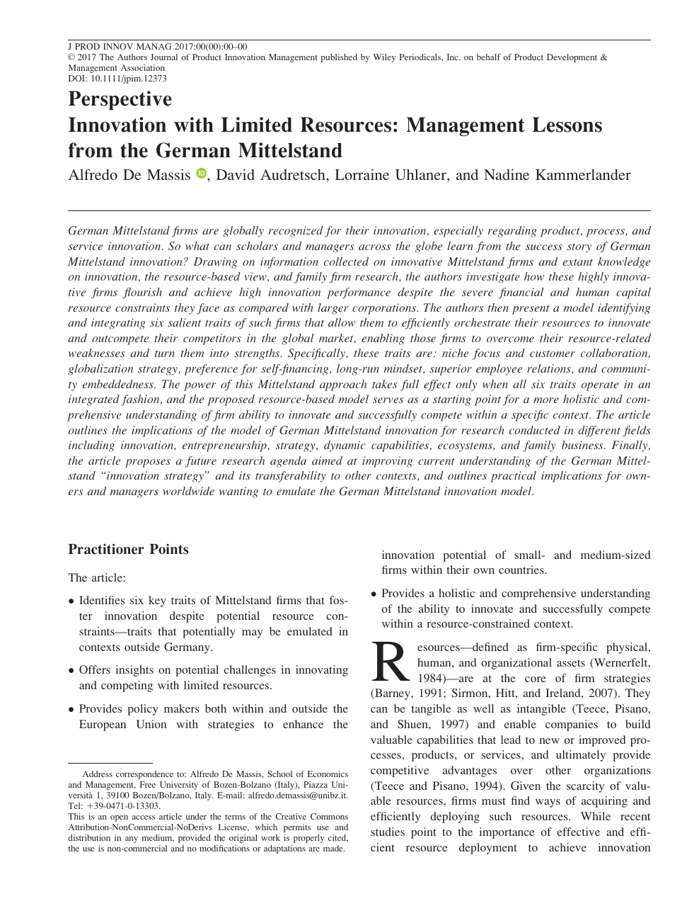 Kør væk Forslag strømper Innovation with Limited Resources: Management Lessons from the German  Mittelstand – topic of research paper in Economics and business. Download  scholarly article PDF and read for free on CyberLeninka open science hub.