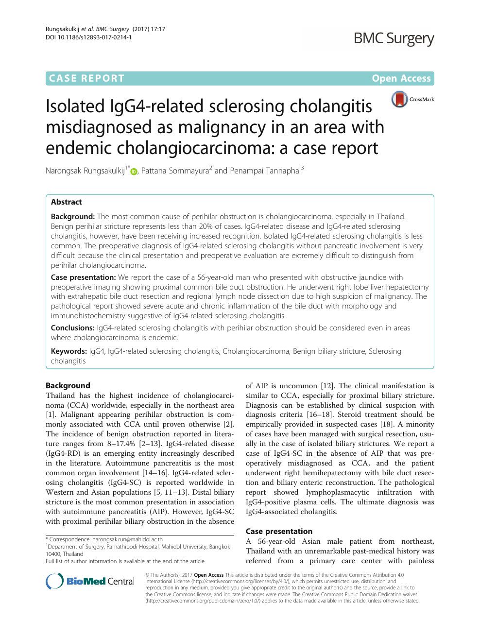 Isolated IgG4-related sclerosing cholangitis misdiagnosed as malignancy an area with endemic cholangiocarcinoma: a case report – of research paper Clinical medicine. Download scholarly article PDF and read for free