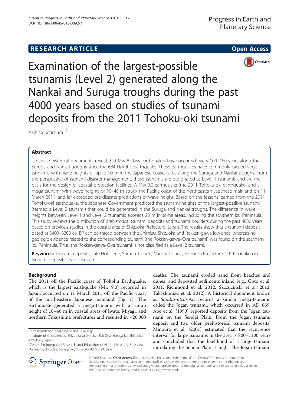 Examination Of The Largest Possible Tsunamis Level 2 Generated Along The Nankai And Suruga Troughs During The Past 4000 Years Based On Studies Of Tsunami Deposits From The 11 Tohoku Oki Tsunami Topic