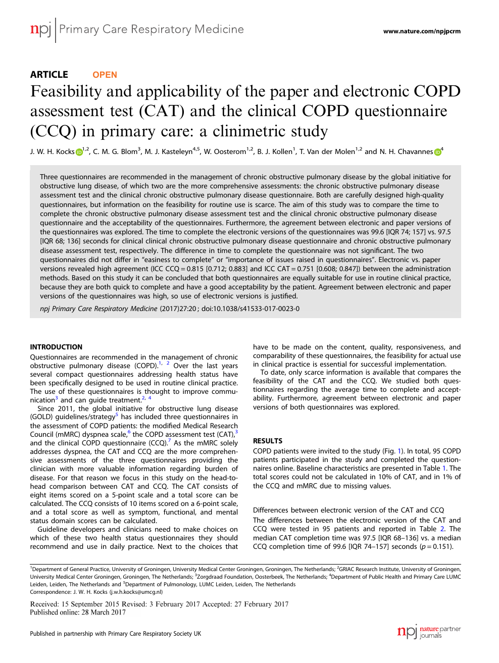 Feasibility And Applicability Of The Paper And Electronic Copd Assessment Test Cat And The Clinical Copd Questionnaire Ccq In Primary Care A Clinimetric Study Topic Of Research Paper In Health Sciences
