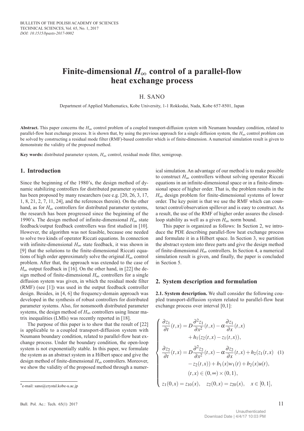 Finite Dimensional H Control Of A Parallel Flow Heat Exchange Process Topic Of Research Paper In Mathematics Download Scholarly Article Pdf And Read For Free On Cyberleninka Open Science Hub