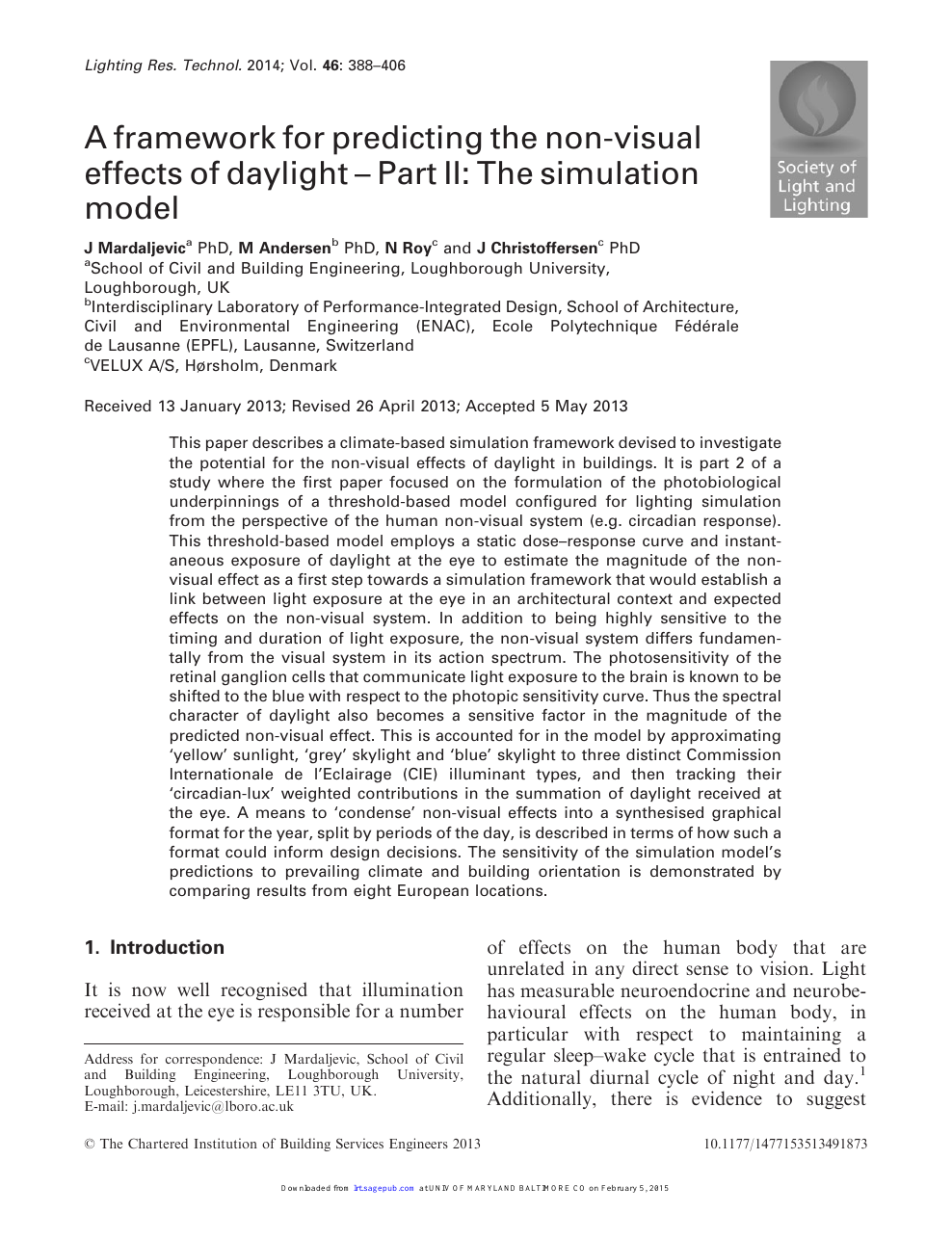 A Framework For Predicting The Non Visual Effects Of Daylight Part Ii The Simulation Model Topic Of Research Paper In Earth And Related Environmental Sciences Download Scholarly Article Pdf And Read
