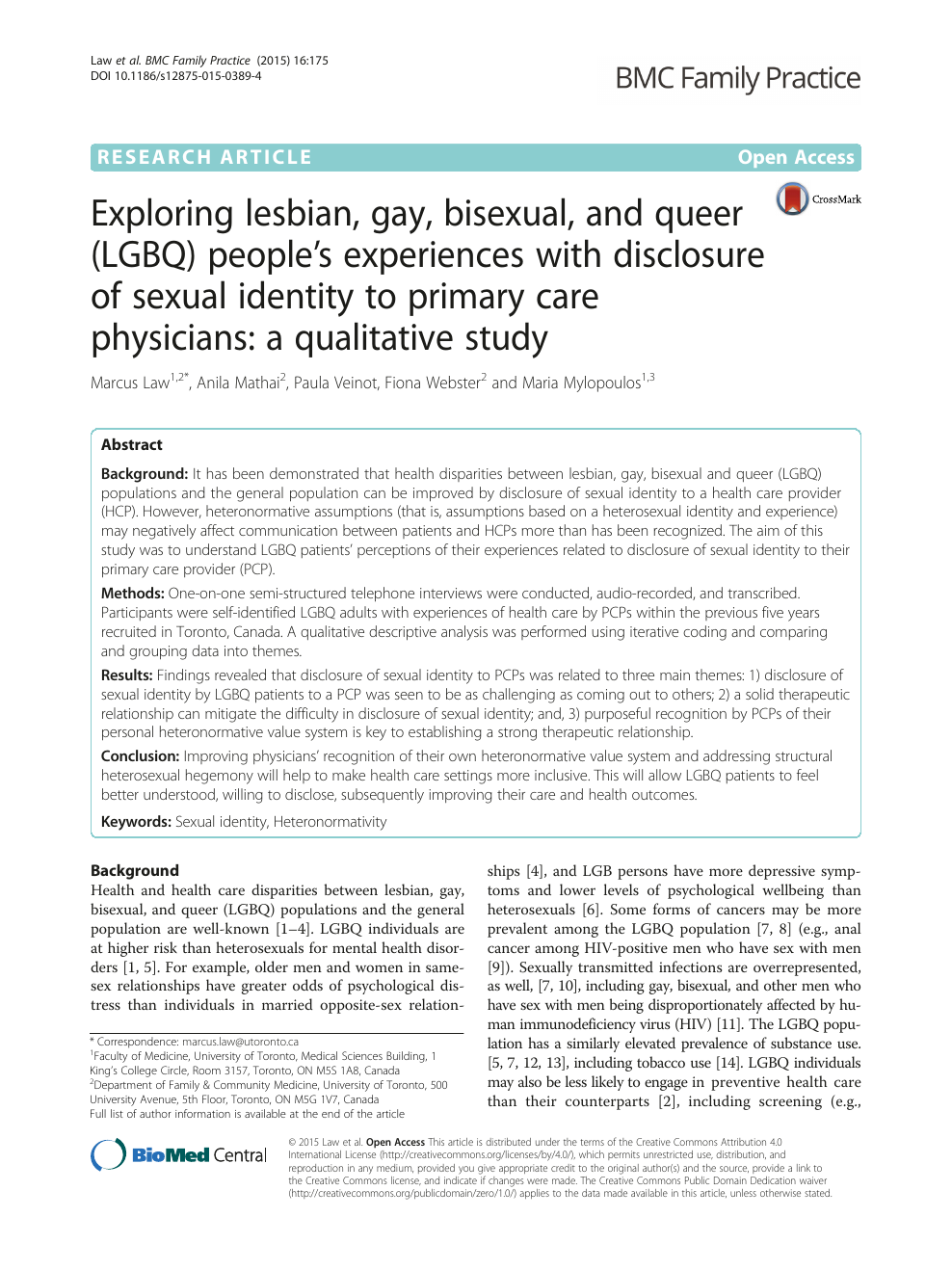 Exploring lesbian, gay, bisexual, and queer (LGBQ) peoples experiences with disclosure of sexual identity to primary care physicians a qualitative study image