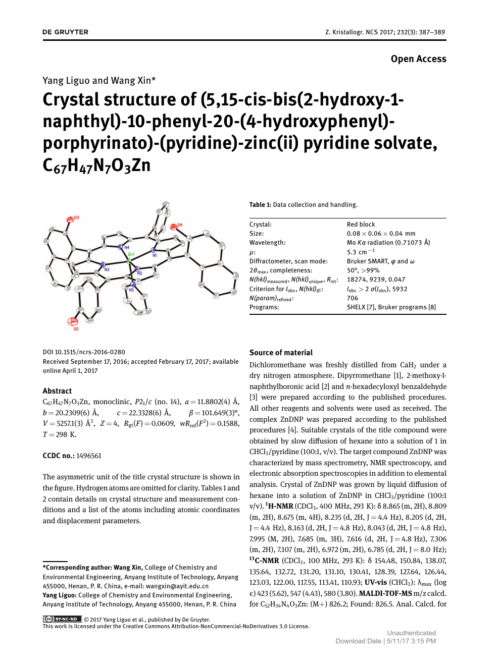 Crystal Structure Of 5 15 Cis Bis 2 Hydroxy 1 Naphthyl 10 Phenyl 4 Hydroxyphenyl Porphyrinato Pyridine Zinc Ii Pyridine Solvate C67h47n7o3zn Topic Of Research Paper In Chemical Sciences Download Scholarly Article Pdf And Read For Free On