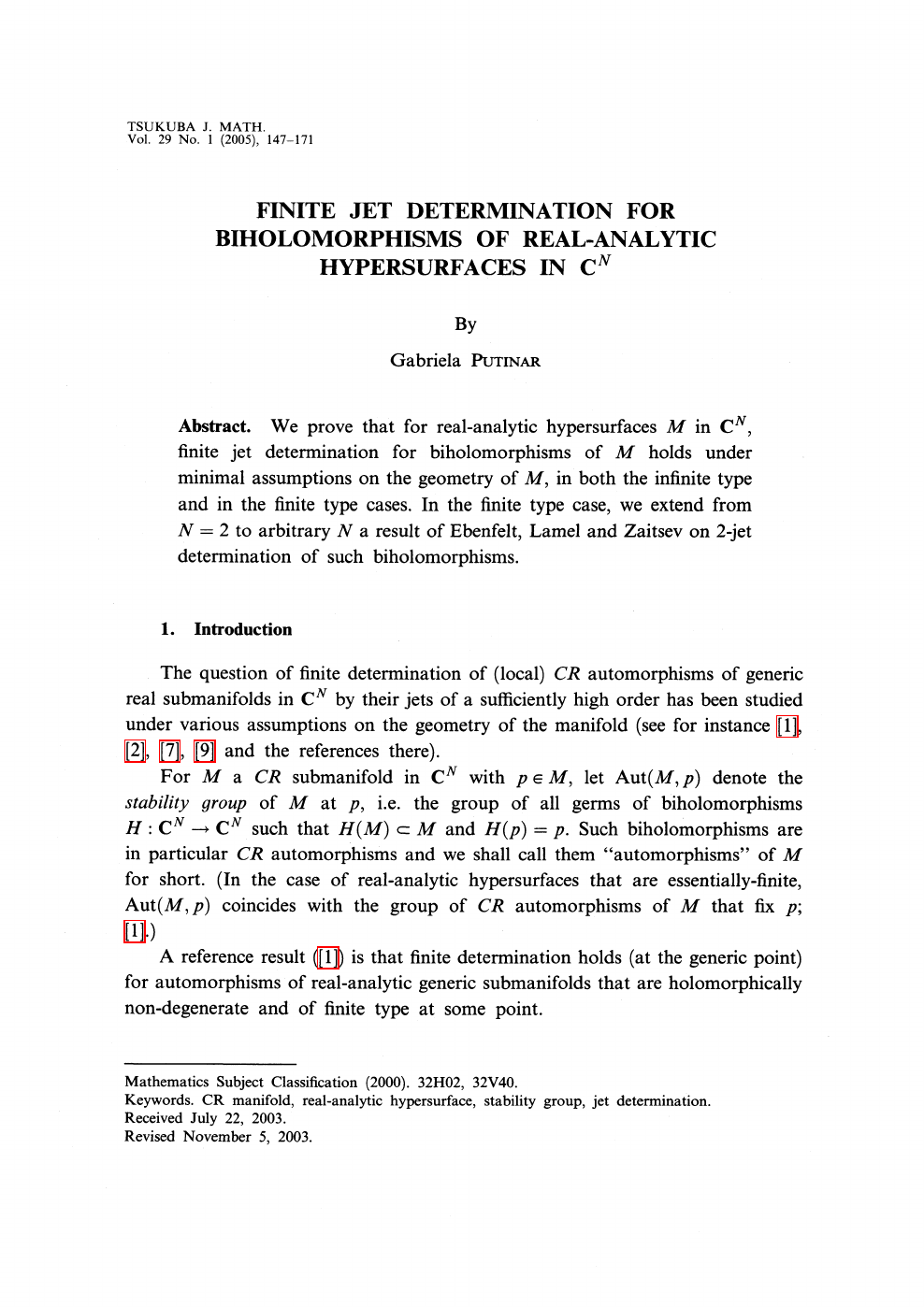 Finite Jet Determination For Biholomorphisms Of Real Analytic Hypersurfaces In C N Topic Of Research Paper In Mathematics Download Scholarly Article Pdf And Read For Free On Cyberleninka Open Science Hub