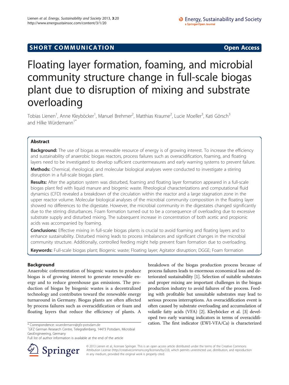 Floating layer formation, foaming, and microbial community structure change  in full-scale biogas plant due to disruption of mixing and substrate  overloading – topic of research paper in Environmental engineering.  Download scholarly article
