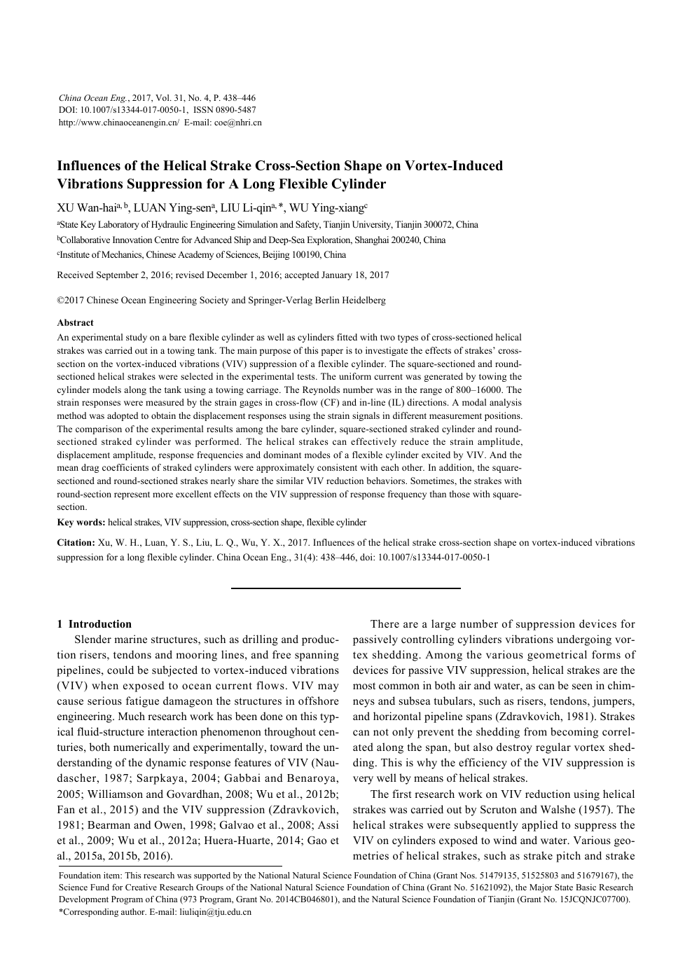 Influences Of The Helical Strake Cross Section Shape On Vortex Induced Vibrations Suppression For A Long Flexible Cylinder Topic Of Research Paper In Civil Engineering Download Scholarly Article Pdf And Read For Free