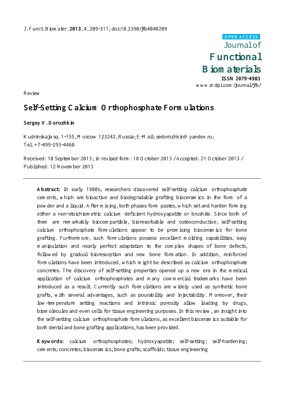 Self-Setting Calcium Orthophosphate Formulations – topic of research paper  in Medical engineering. Download scholarly article PDF and read for free on  CyberLeninka open science hub.