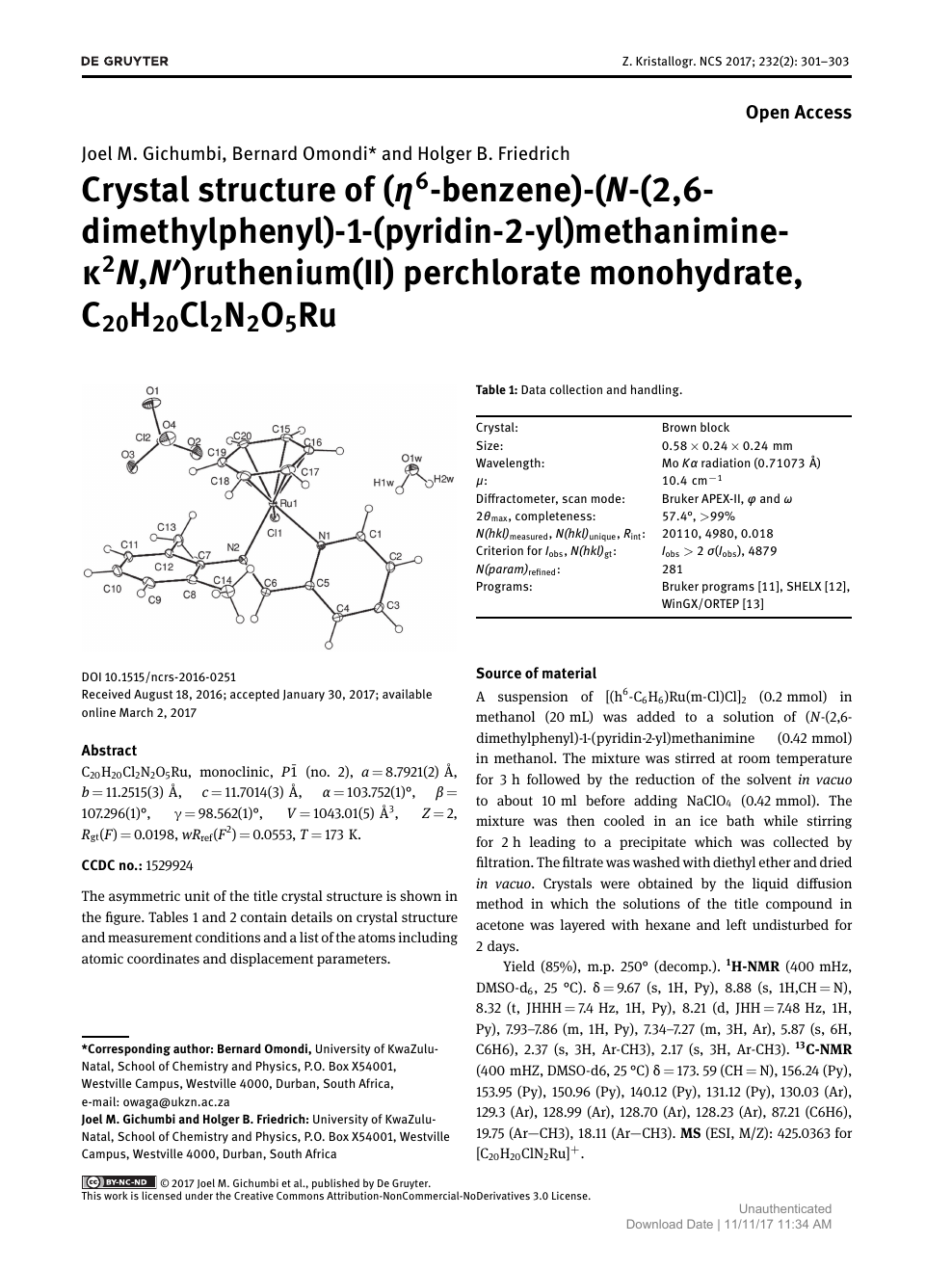 Crystal Structure Of H6 Benzene N 2 6 Dimethylphenyl 1 Pyridin 2 Yl Methanimine K2n N Ruthenium Ii Perchlorate Monohydrate Chcl2n2o5ru Topic Of Research Paper In Chemical Sciences Download Scholarly Article Pdf And Read For Free On