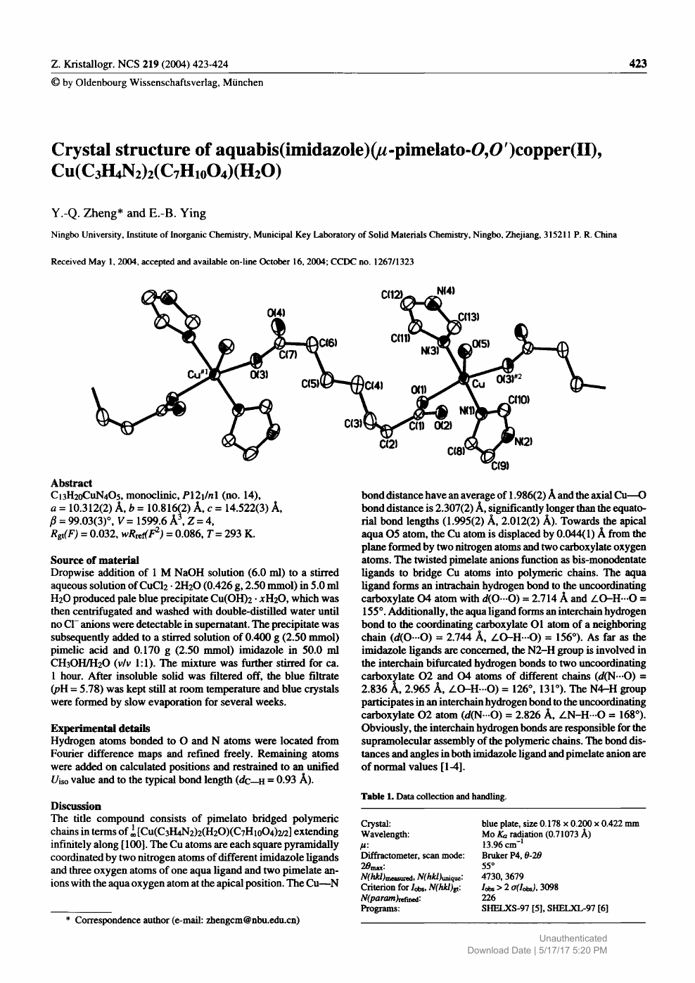 Crystal Structure Of Aquabis Imidazole M Pimelato O O Copper Ii Cu C3h4n2 2 C7h10o4 H2o Topic Of Research Paper In Materials Engineering Download Scholarly Article Pdf And Read For Free On Cyberleninka Open Science Hub