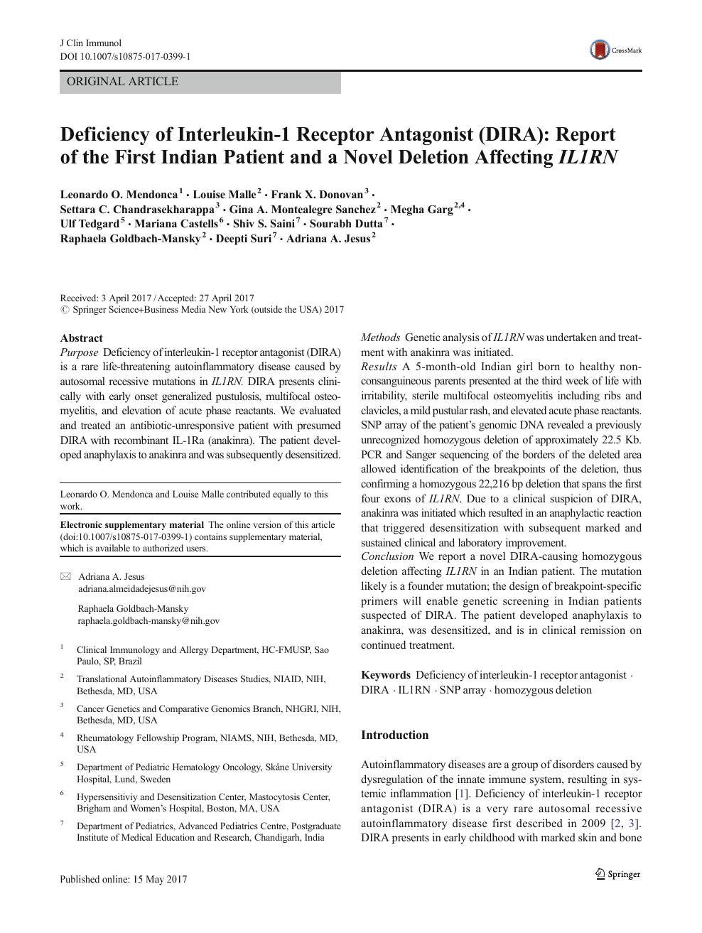 Deficiency Of Interleukin 1 Receptor Antagonist Dira Report Of The First Indian Patient And A Novel Deletion Affecting Il1rn Topic Of Research Paper In Clinical Medicine Download Scholarly Article Pdf And Read