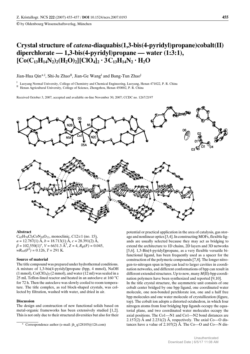 Crystal Structure Of Catena Diaquabis 1 3 Bis 4 Pyridyl Propane Cobalt Ii Diperchlorate 1 3 Bis 4 Pyridyl Propane Water 1 3 1 Co C13h14n2 2 H2o 2 Clo4 2 3c13h14n2 H2o Topic Of Research Paper In Chemical Sciences Download Scholarly