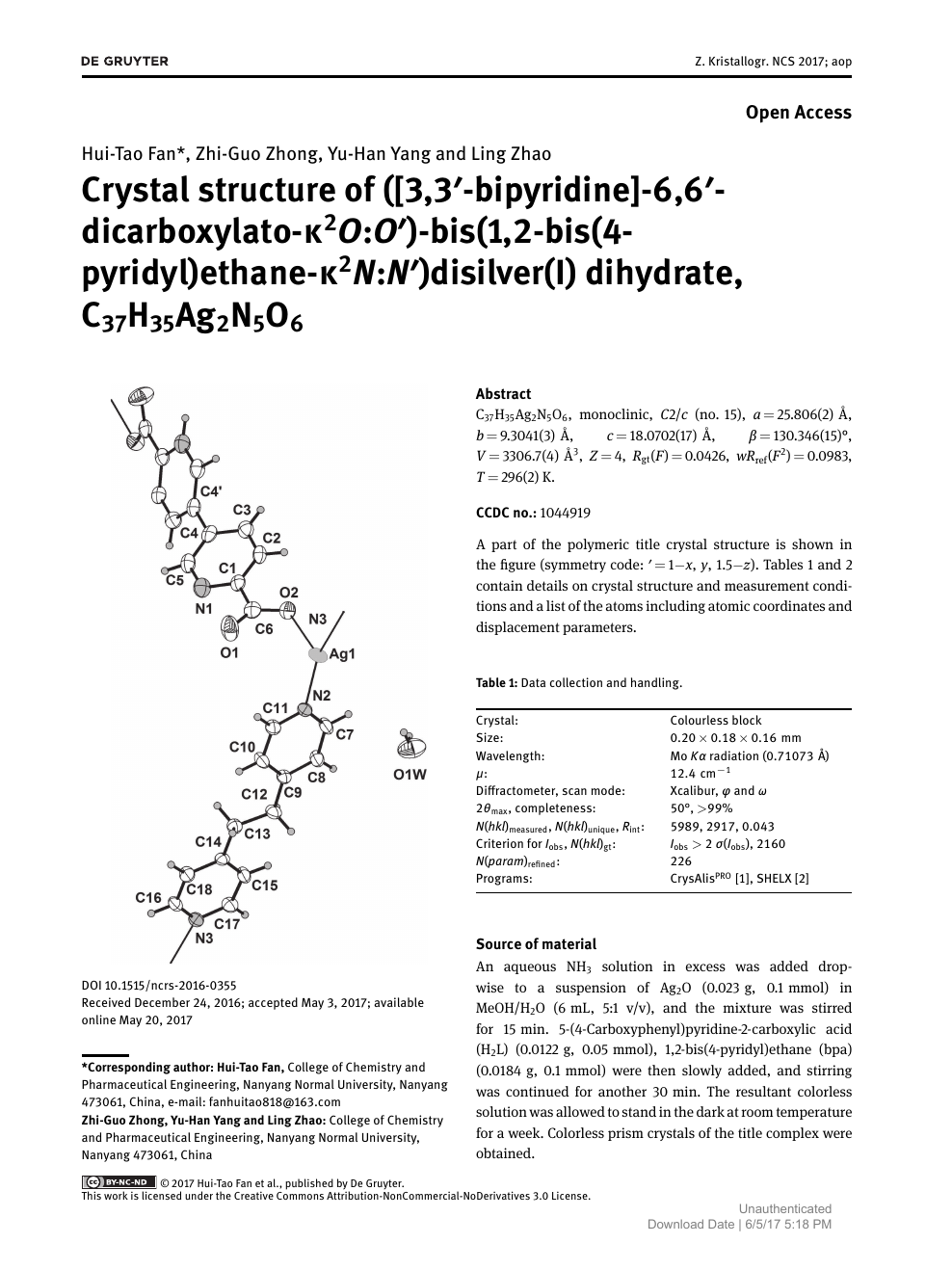 Crystal Structure Of 3 3 Bipyridine 6 6 Dicarboxylato K2o O Bis 1 2 Bis 4 Pyridyl Ethane K2n N Disilver I Dihydrate C37h35ag2n5o6 Topic Of Research Paper In Materials Engineering Download Scholarly Article Pdf And Read For Free On