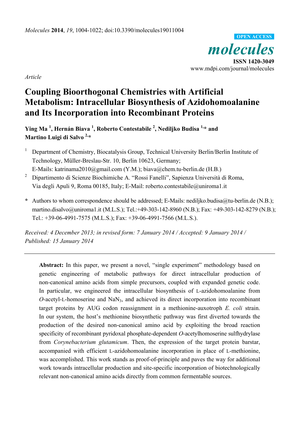 Coupling Bioorthogonal Chemistries With Artificial Metabolism Intracellular Biosynthesis Of Azidohomoalanine And Its Incorporation Into Recombinant Proteins Topic Of Research Paper In Biological Sciences Download Scholarly Article Pdf And Read For Free