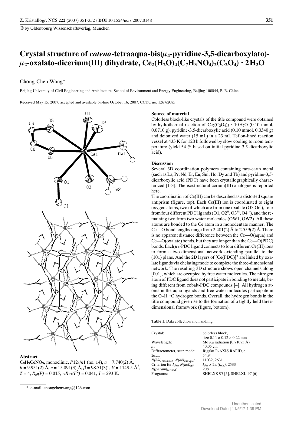 Crystal Structure Of Catena Tetraaqua Bis M4 Pyridine 3 5 Dicarboxylato M2 Oxalato Dicerium Iii Dihydrate Ce2 H2o 4 C7h3no4 2 C2o4 2h2o Topic Of Research Paper In Chemical Engineering Download Scholarly Article Pdf And Read For Free On