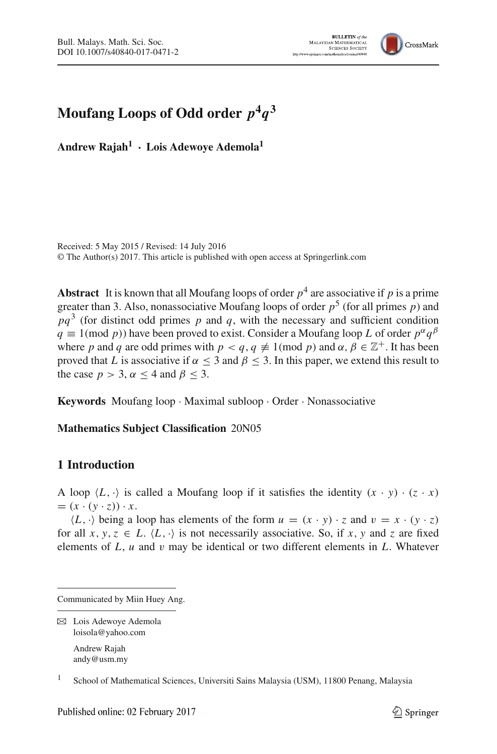 Moufang Loops Of Odd Order P 4q 3 P 4 Q 3 Topic Of Research Paper In Mathematics Download Scholarly Article Pdf And Read For Free On Cyberleninka Open Science Hub