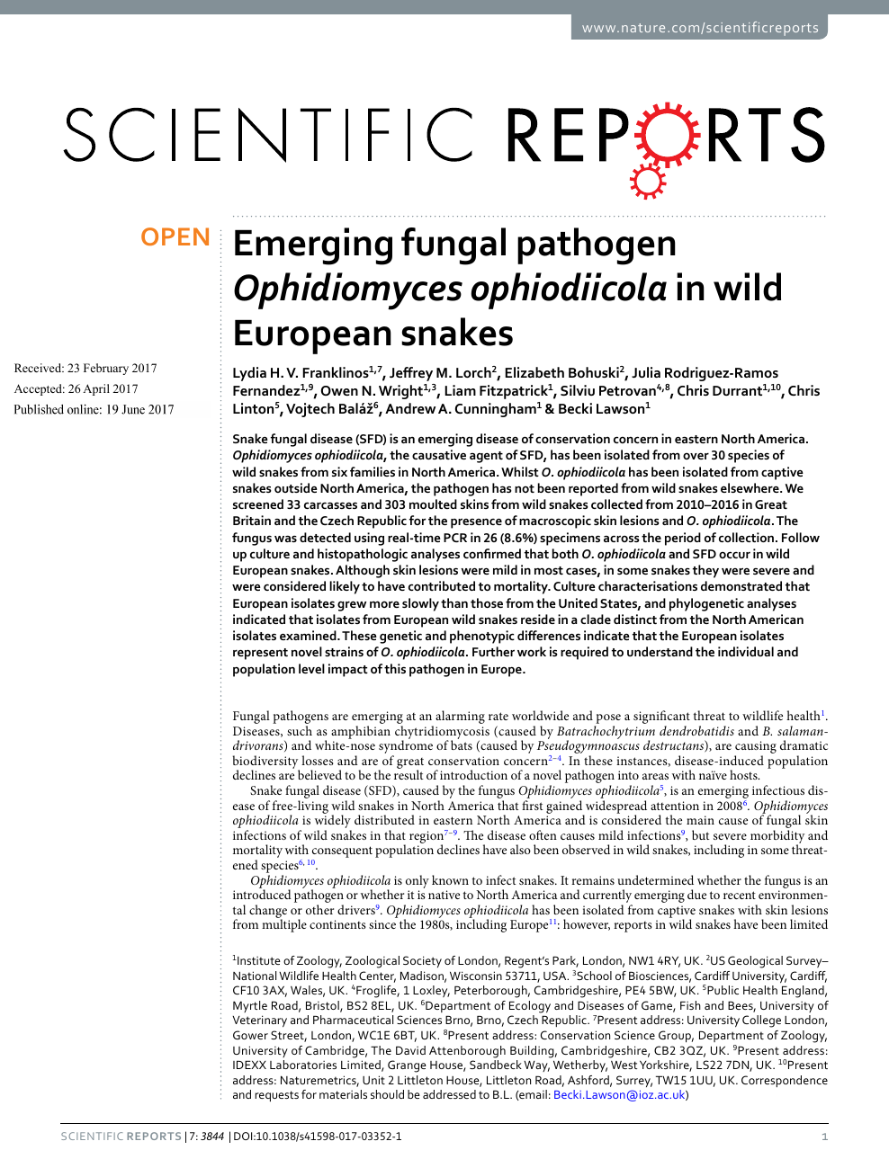 Emerging fungal pathogen Ophidiomyces ophiodiicola in wild European snakes  – topic of research paper in Veterinary science. Download scholarly article  PDF and read for free on CyberLeninka open science hub.
