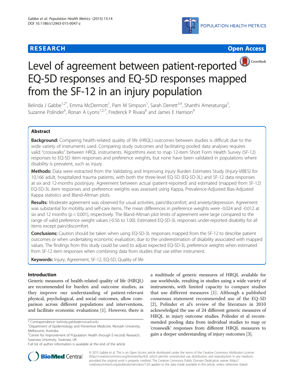 Absorbere æg Frem Level of agreement between patient-reported EQ-5D responses and EQ-5D  responses mapped from the SF-12 in an injury population – topic of research  paper in Health sciences. Download scholarly article PDF and read