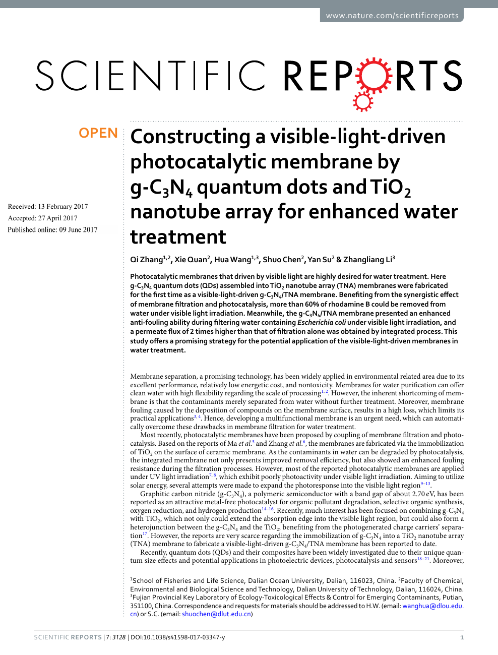 Constructing A Visible Light Driven Photocatalytic Membrane By G C3n4 Quantum Dots And Tio2 Nanotube Array For Enhanced Water Treatment Topic Of Research Paper In Nano Technology Download Scholarly Article Pdf And Read For Free