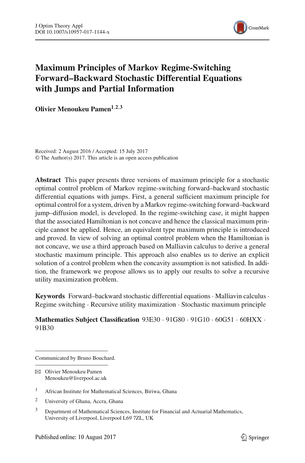 Maximum Principles Of Markov Regime Switching Forward Backward Stochastic Differential Equations With Jumps And Partial Information Topic Of Research Paper In Mathematics Download Scholarly Article Pdf And Read For Free On Cyberleninka Open