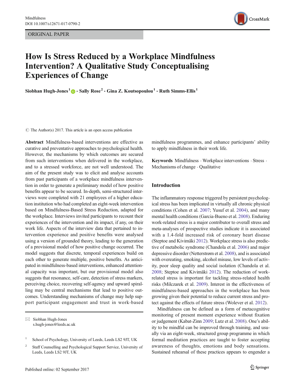 How Is Stress Reduced By A Workplace Mindfulness Intervention A Qualitative Study Conceptualising Experiences Of Change Topic Of Research Paper In Psychology Download Scholarly Article Pdf And Read For Free On
