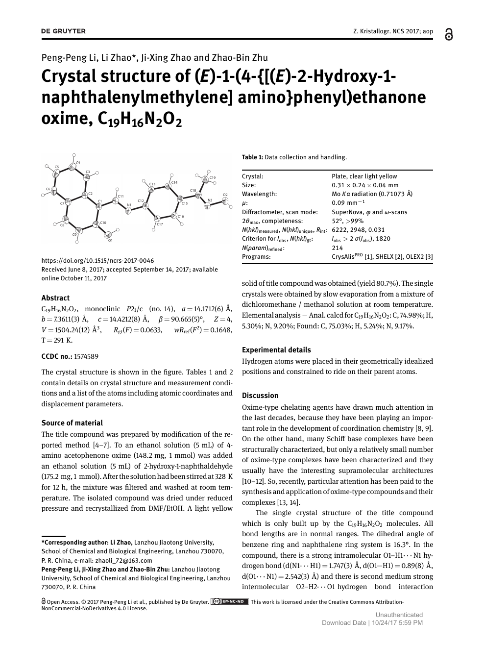 Crystal Structure Of E 1 4 E 2 Hydroxy 1 Naphthalenylmethylene Amino Phenyl Ethanone Oxime C19h16n2o2 Topic Of Research Paper In Chemical Sciences Download Scholarly Article Pdf And Read For Free On Cyberleninka Open Science Hub