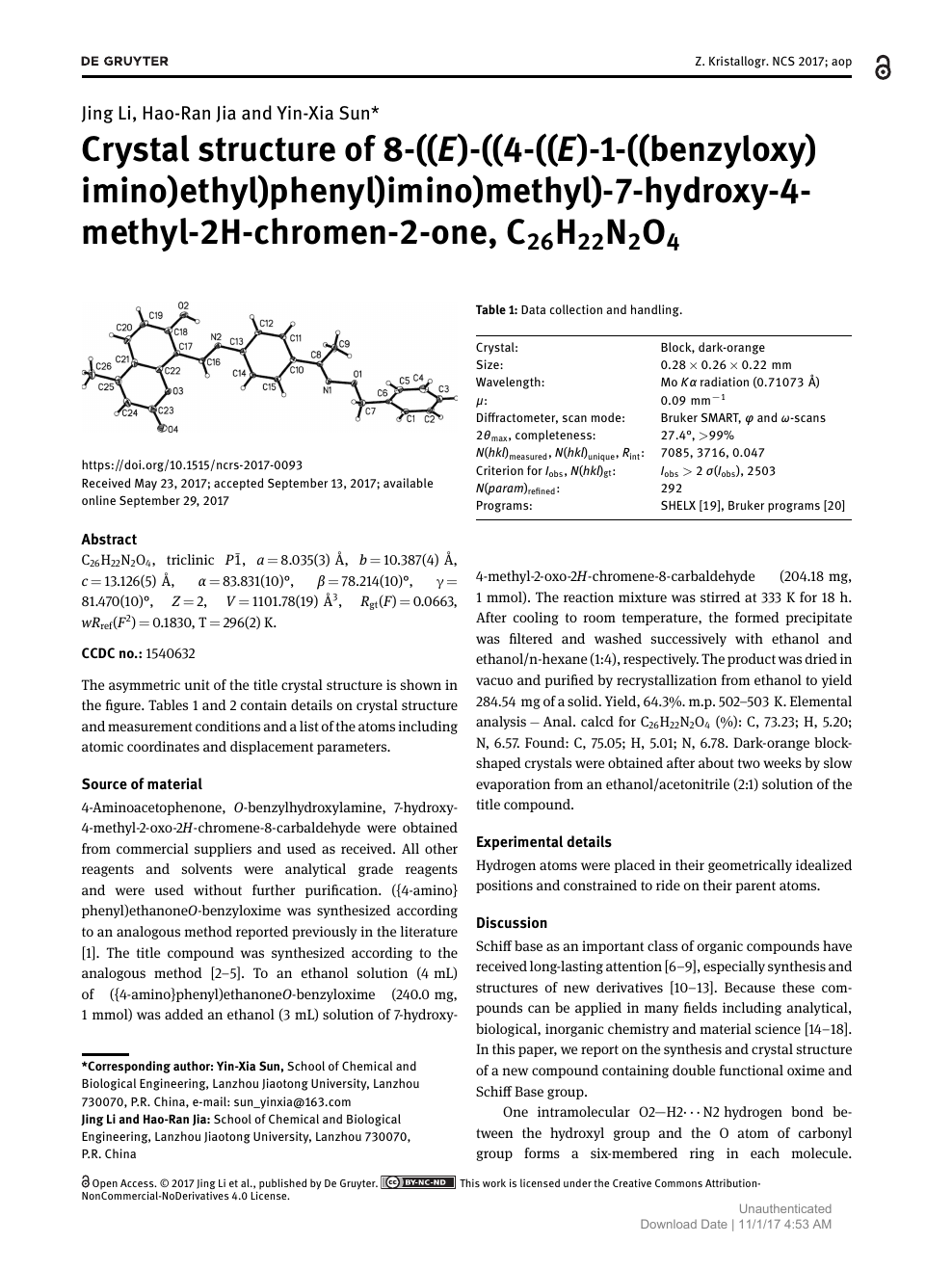 Crystal Structure Of 8 E 4 E 1 Benzyloxy Imino Ethyl Phenyl Imino Methyl 7 Hydroxy 4 Methyl 2h Chromen 2 One C26h22n2o4 Topic Of Research Paper In Chemical Sciences Download Scholarly Article Pdf And Read For Free On Cyberleninka Open