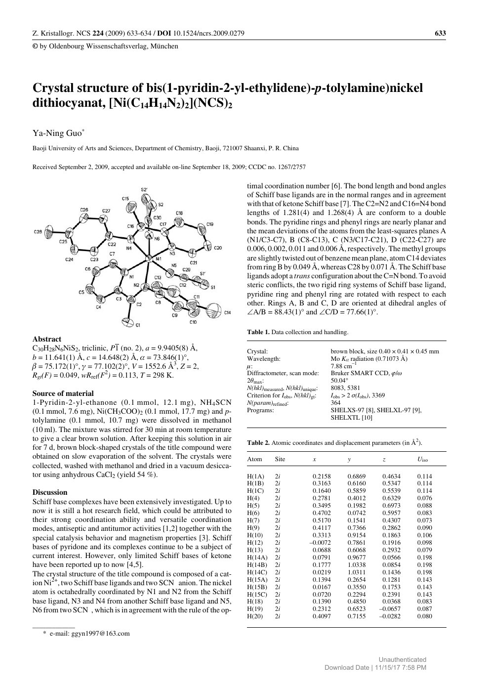 Crystal Structure Of Bis 1 Pyridin 2 Yl Ethylidene P Tolylamine Nickel Dithiocyanat Ni C14h14n2 2 Ncs 2 Topic Of Research Paper In Chemical Sciences Download Scholarly Article Pdf And Read For Free On Cyberleninka Open Science Hub
