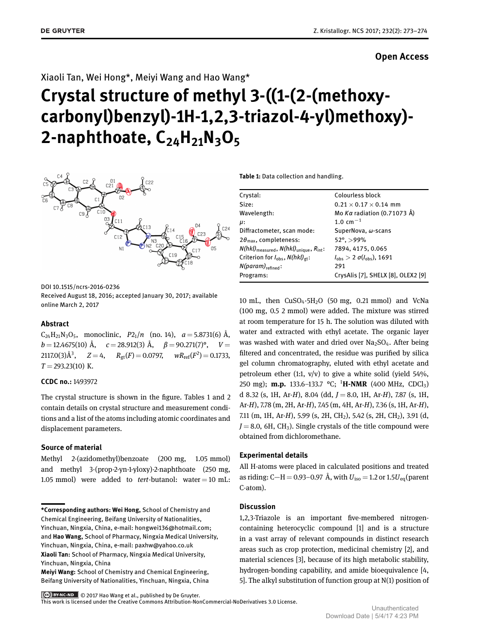 Crystal Structure Of Methyl 3 1 2 Methoxycarbonyl Benzyl 1h 1 2 3 Triazol 4 Yl Methoxy 2 Naphthoate C24h21n3o5 Topic Of Research Paper In Chemical Sciences Download Scholarly Article Pdf And Read For Free On Cyberleninka Open Science Hub