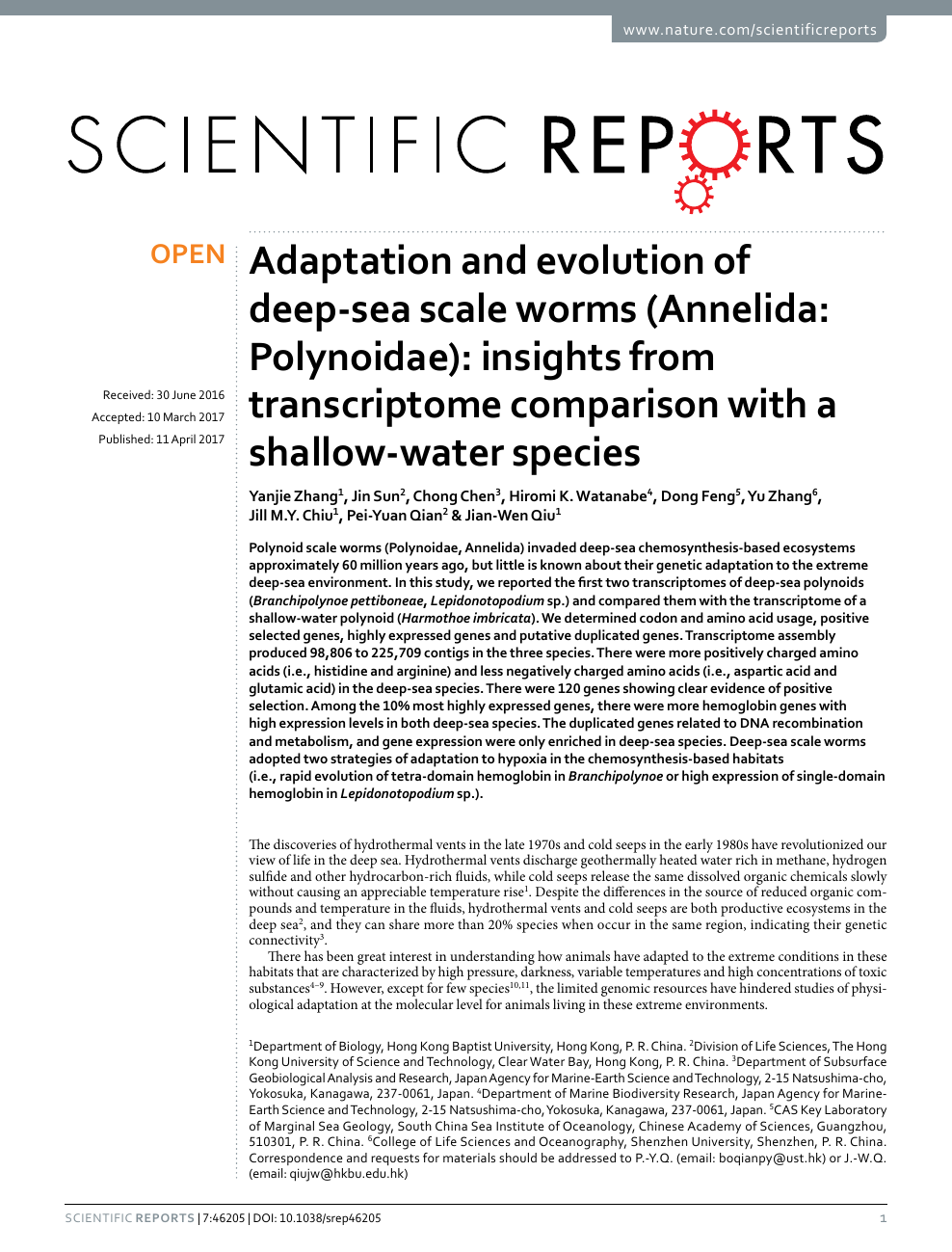 Adaptation And Evolution Of Deep Sea Scale Worms Annelida Polynoidae Insights From Transcriptome Comparison With A Shallow Water Species Topic Of Research Paper In Biological Sciences Download Scholarly Article Pdf And Read For