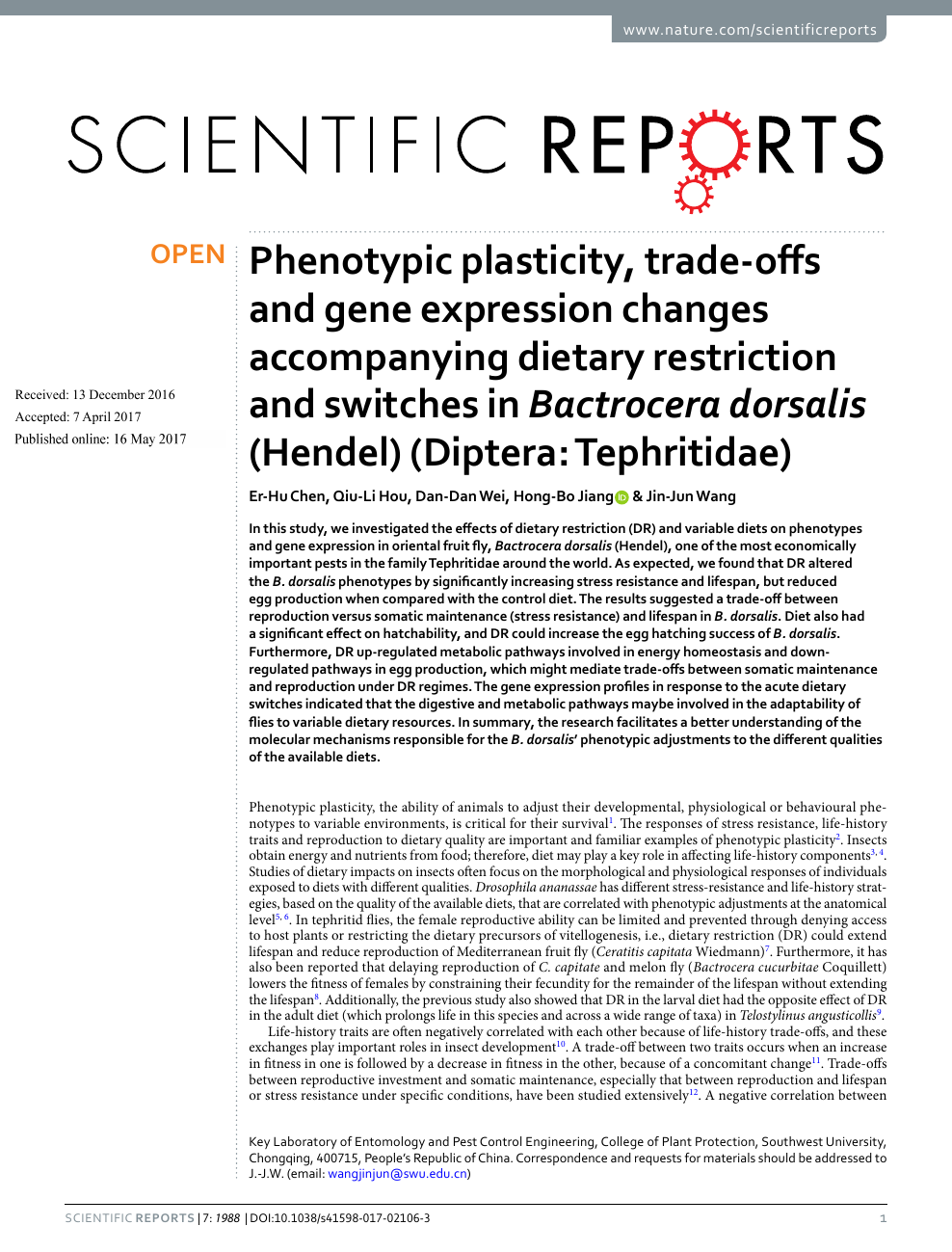 Phenotypic Plasticity Trade Offs And Gene Expression Changes Accompanying Dietary Restriction And Switches In Bactrocera Dorsalis Hendel Diptera Tephritidae Topic Of Research Paper In Biological Sciences Download Scholarly Article Pdf And Read