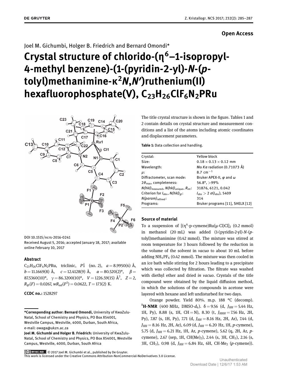 Crystal Structure Of Chlorido H6 1 Isopropyl 4 Methyl Benzene 1 Pyridin 2 Yl N P Tolyl Methanimine K2n N Ruthenium Ii Hexafluorophosphate V C23h26clf6n2pru Topic Of Research Paper In Chemical Sciences Download Scholarly Article Pdf And