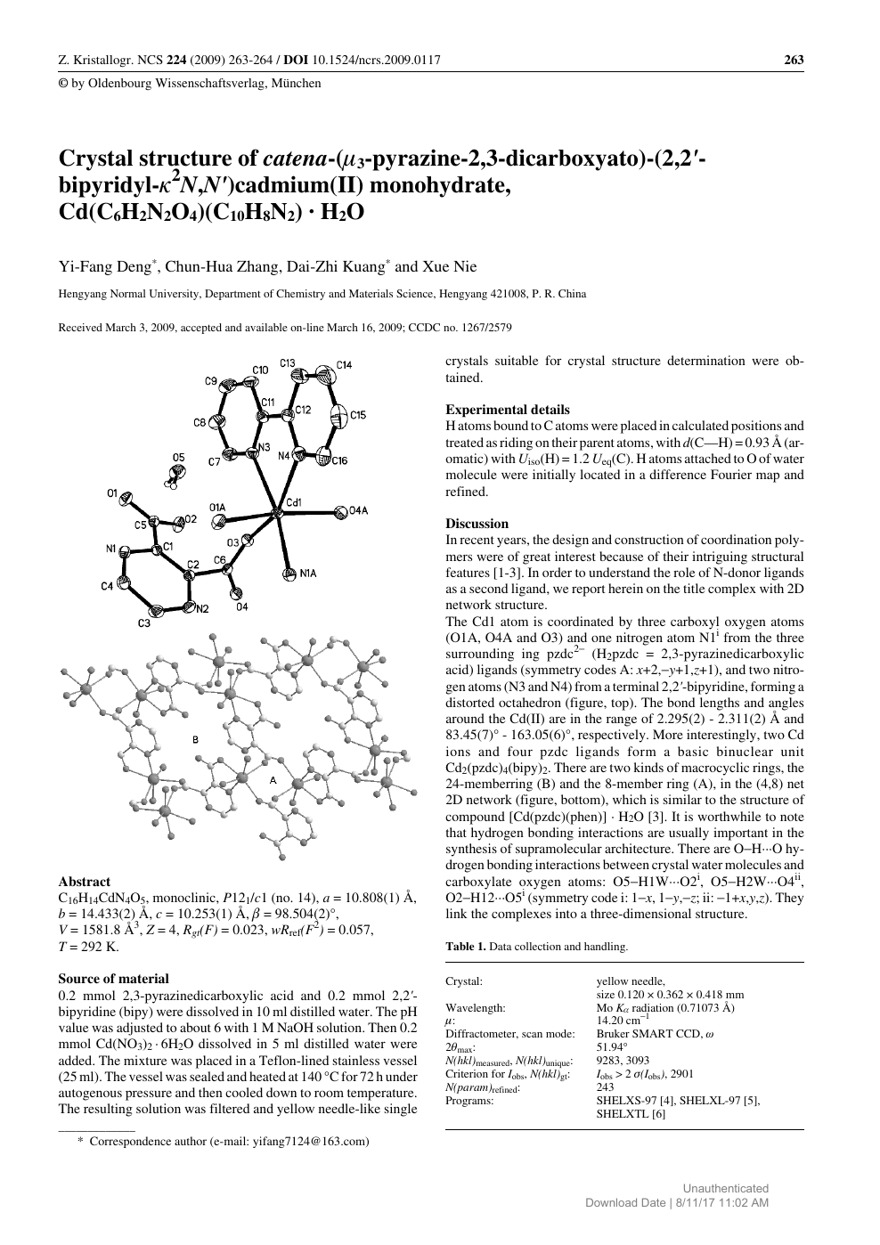 Crystal Structure Of Catena M3 Pyrazine 2 3 Dicarboxyato 2 2 Bipyridyl 2n N Cadmium Ii Monohydrate Cd C6h2n2o4 C10h8n2 H2o Topic Of Research Paper In Biological Sciences Download Scholarly Article Pdf And Read For Free On Cyberleninka