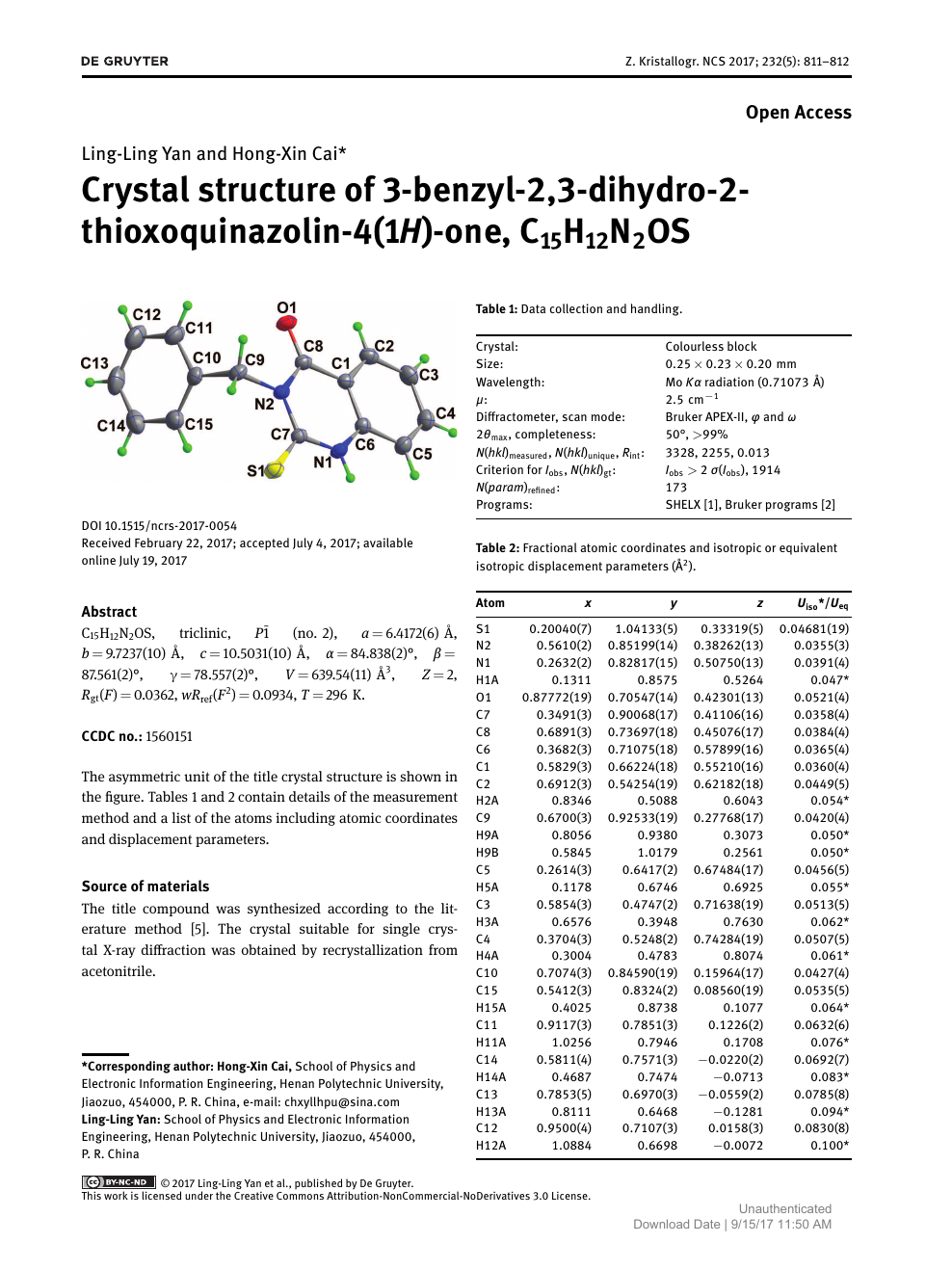 Crystal Structure Of 3 Benzyl 2 3 Dihydro 2 Thioxoquinazolin 4 1h One C15h12n2os Topic Of Research Paper In Chemical Sciences Download Scholarly Article Pdf And Read For Free On Cyberleninka Open Science Hub