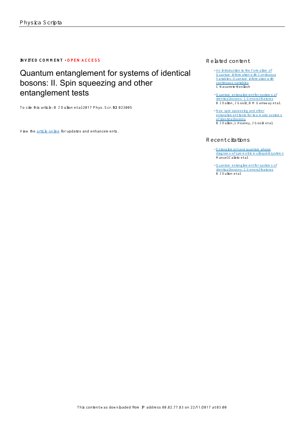 Quantum Entanglement For Systems Of Identical Bosons Ii Spin Squeezing And Other Entanglement Tests Topic Of Research Paper In Physical Sciences Download Scholarly Article Pdf And Read For Free On Cyberleninka