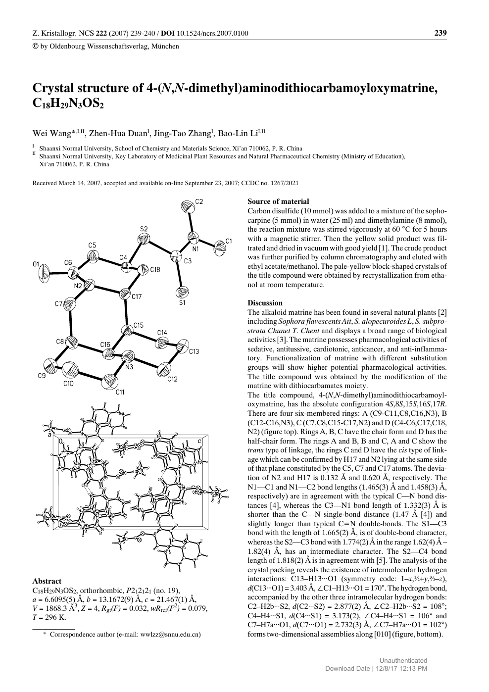 Crystal Structure Of 4 N N Dimethyl Aminodithiocarbamoyloxymatrine C18h29n3os2 Topic Of Research Paper In Chemical Sciences Download Scholarly Article Pdf And Read For Free On Cyberleninka Open Science Hub