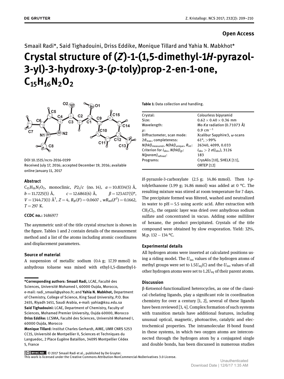 Crystal Structure Of Z 1 1 5 Dimethyl 1h Pyrazol 3 Yl 3 Hydroxy 3 P Toly Prop 2 En 1 One C15h16n2o2 Topic Of Research Paper In Chemical Sciences Download Scholarly Article Pdf And Read For Free On Cyberleninka Open Science Hub